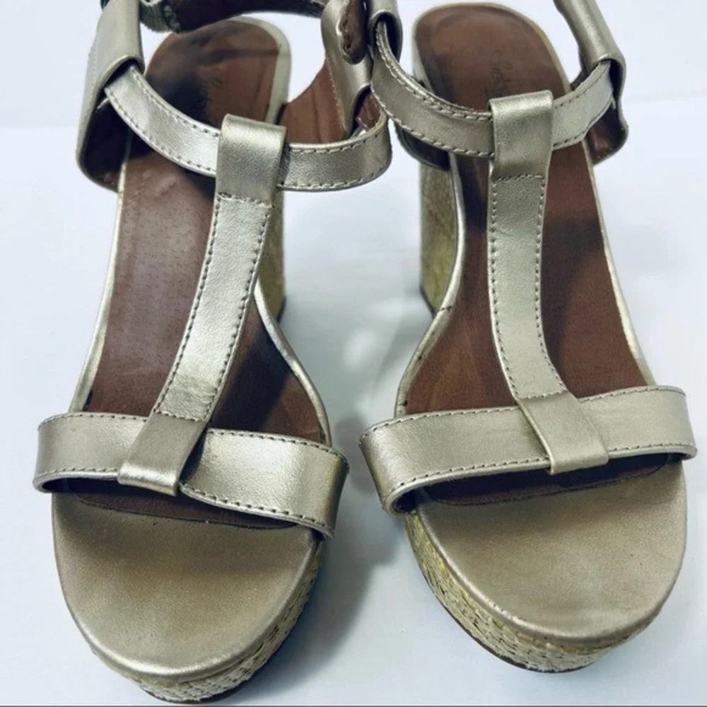 LUCKY BRAND Lovell Gold‎ Espadrille T-Strap Wedge Size 6/36M